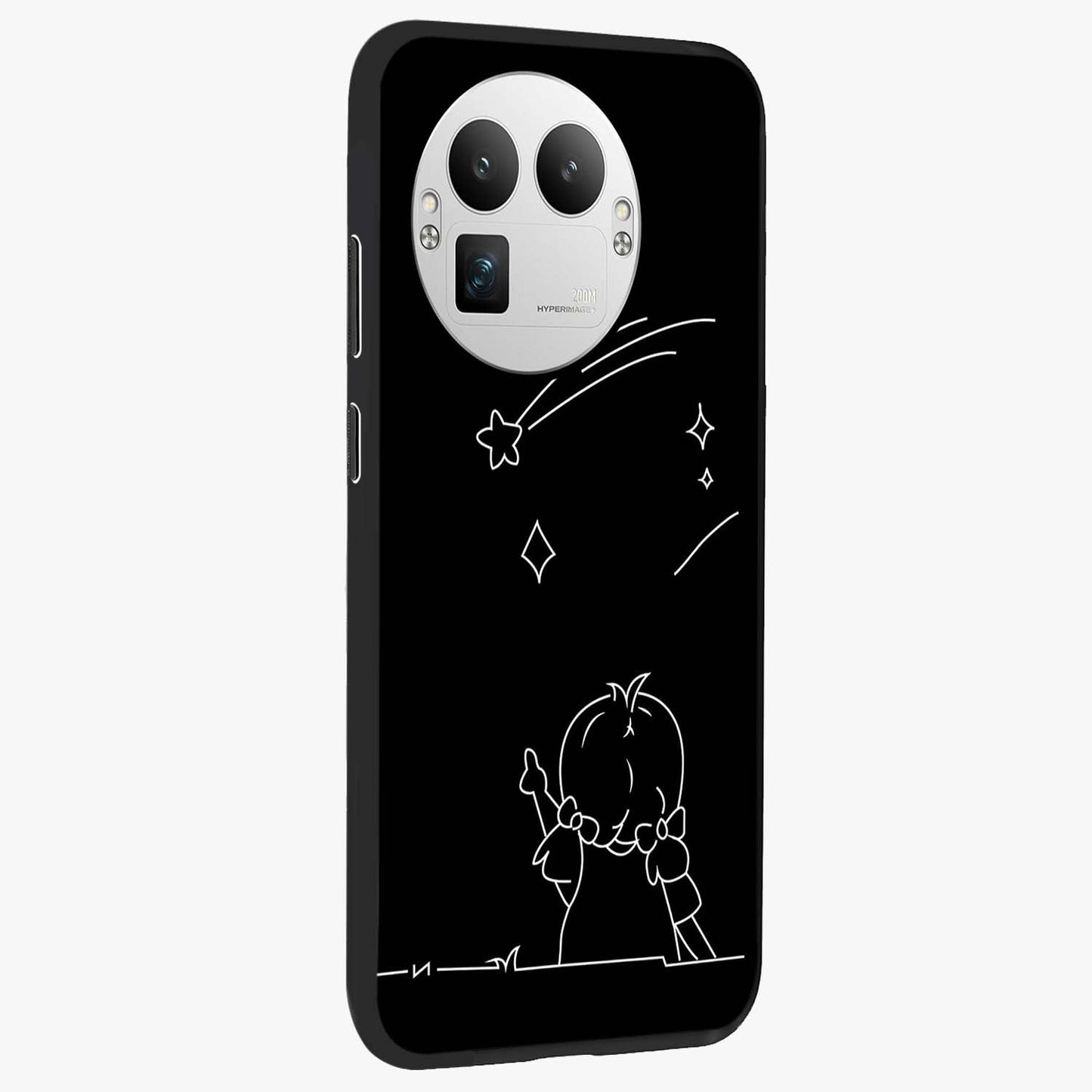 Line Art Girl With Shooting Stars Glass Case upright view showcasing delicate shooting stars artwork with minimal artistic theme.