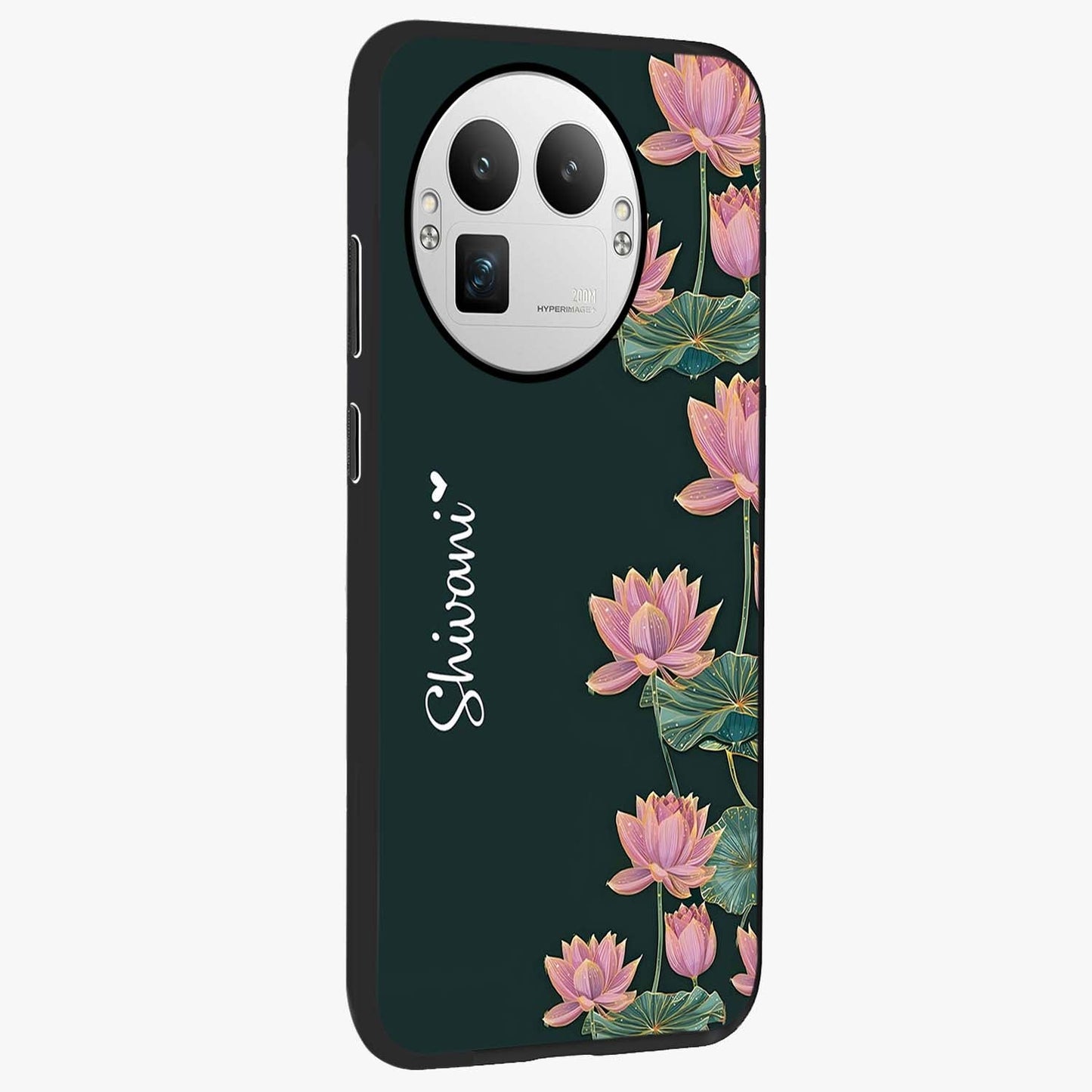 Lotus Bloom Serenity Custom Name Glass Case upright view showcasing serene lotus bloom artwork with personalized floral aesthetic.