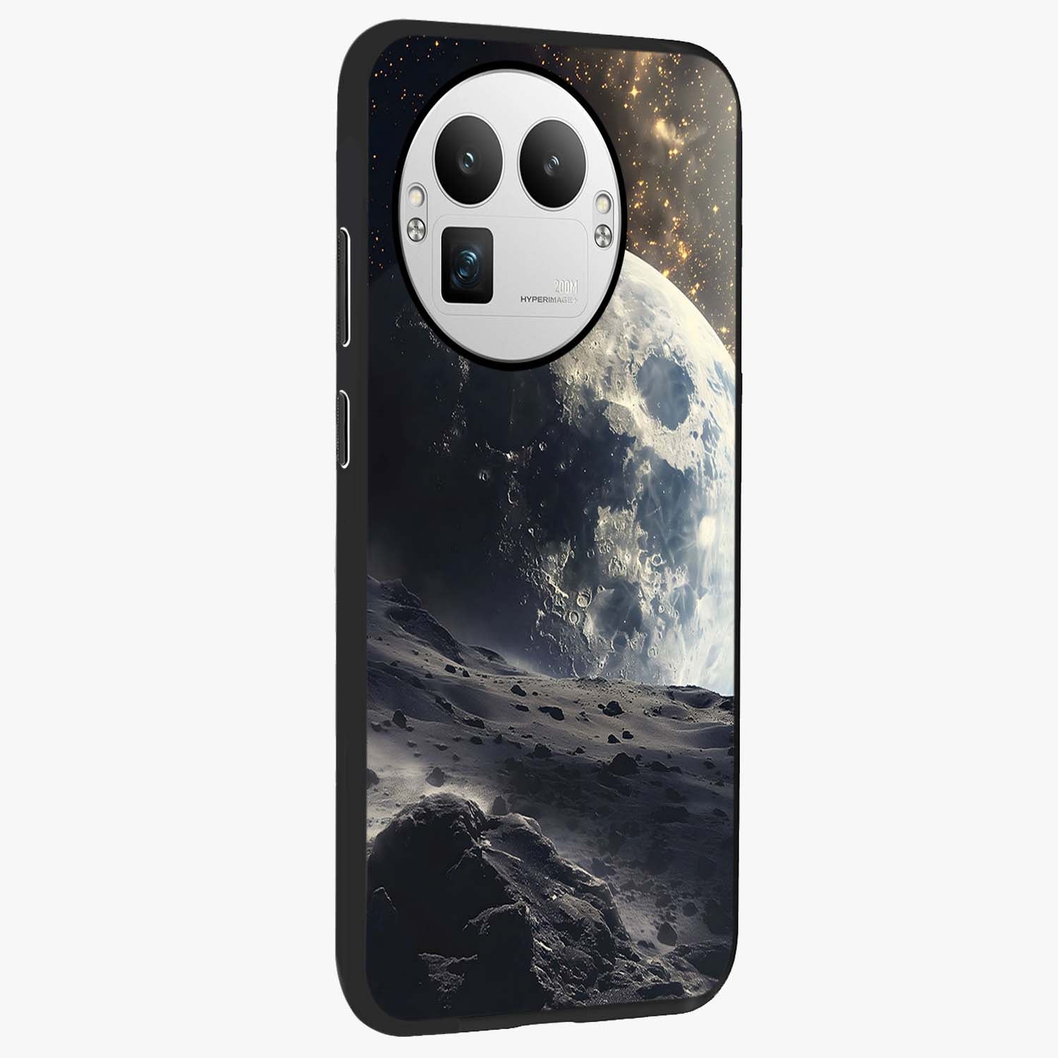 Lunar Horizon Glow Glass Case upright view showcasing radiant lunar artwork with calm cosmic theme.