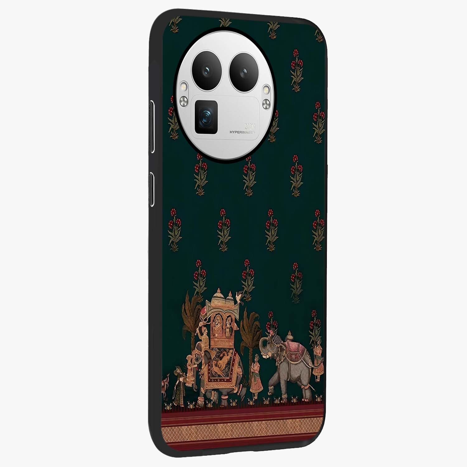 Macmerise Glass Case upright view showcasing bold artistic artwork with contemporary design theme.