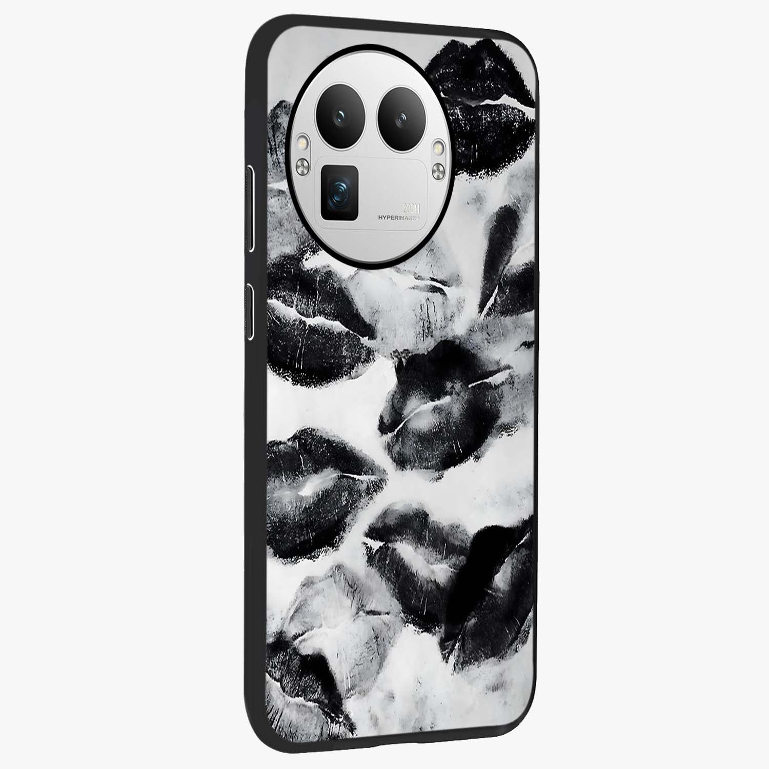 Midnight Kiss Marks Glass Case upright view showcasing stylish kiss mark artwork with trendy romantic theme.