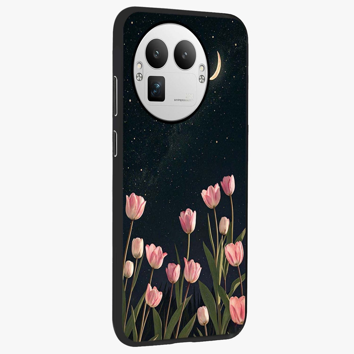 Midnight Tulip Whispers Vibe Glass Case upright view showcasing graceful tulip artwork with calm botanical theme.