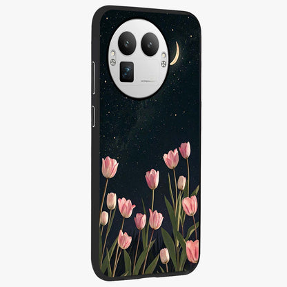 Midnight Tulip Whispers Vibe Glass Case upright view showcasing graceful tulip artwork with calm botanical theme.