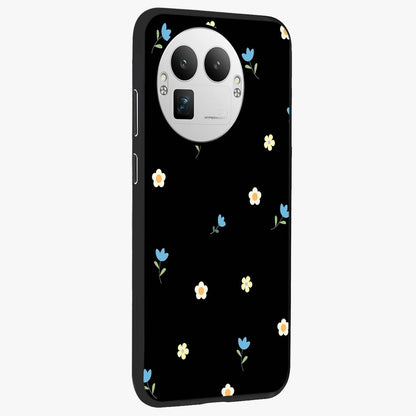 Minimal Petal Whispers Glass Case upright view showcasing elegant floral artwork with modern minimalist style.