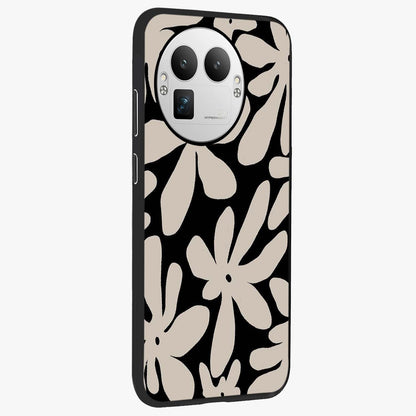 Monochrome Petal Dance Glass Case upright view showcasing artistic floral pattern with stylish monochrome theme.