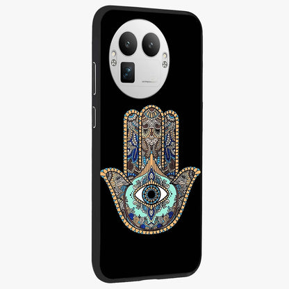Mystic Hamsa Eye Glass Case upright view showcasing detailed hamsa eye artwork with protective spiritual theme.