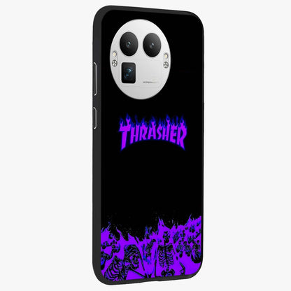 Neon Flame Riot Glass Case upright view showcasing dynamic flame artwork with energetic neon theme.