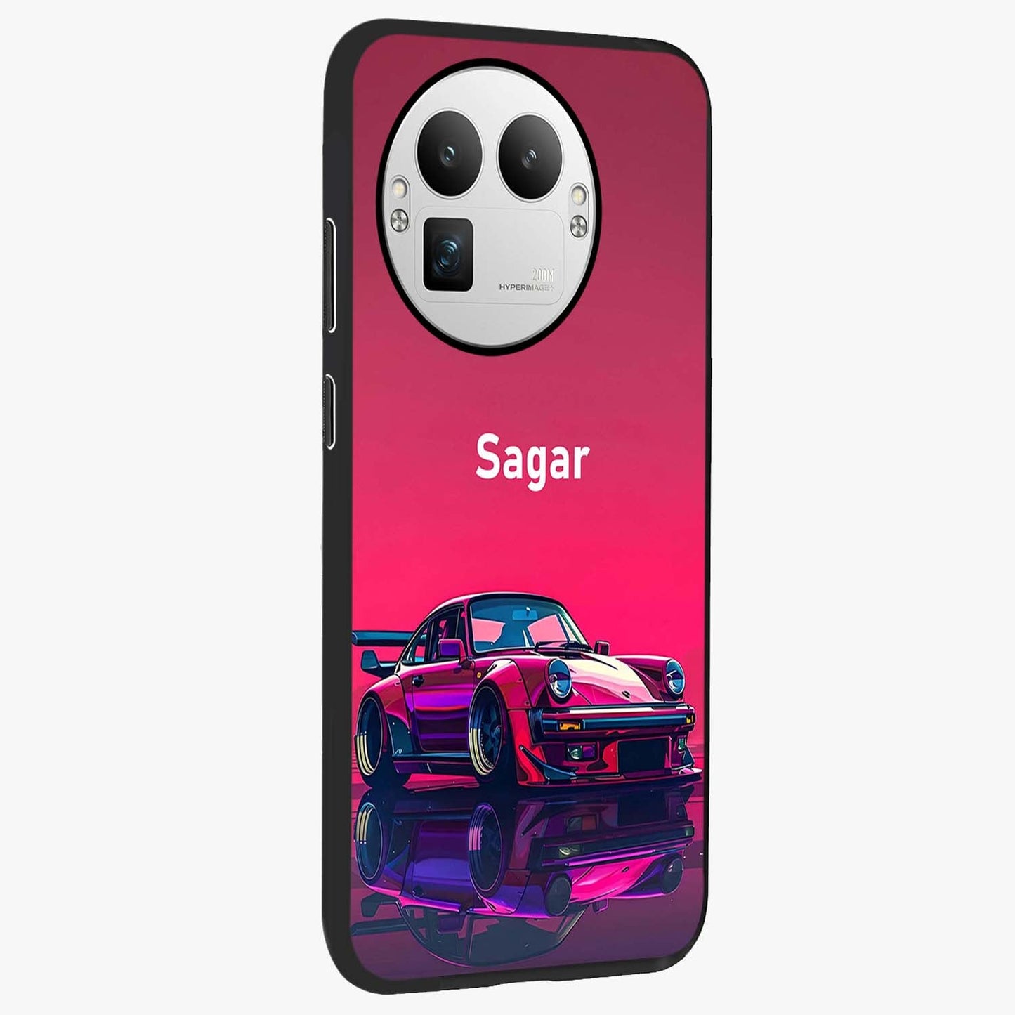 Neon Pink Porsche Glass Case upright view showcasing vibrant sports car artwork with bold automotive theme.