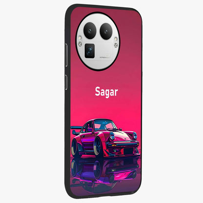 Neon Pink Porsche Glass Case upright view showcasing vibrant sports car artwork with bold automotive theme.