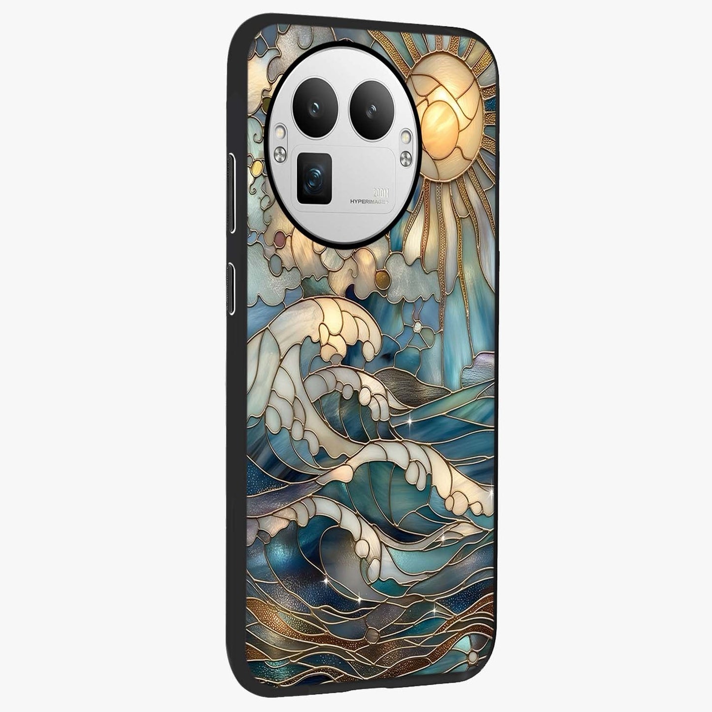Oceanic Stained Printed Glass Case upright view showcasing decorative ocean pattern artwork with vibrant marine theme.