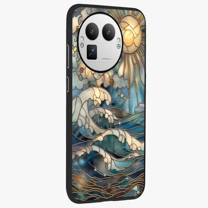 Oceanic Stained Printed Glass Case upright view showcasing decorative ocean pattern artwork with vibrant marine theme.