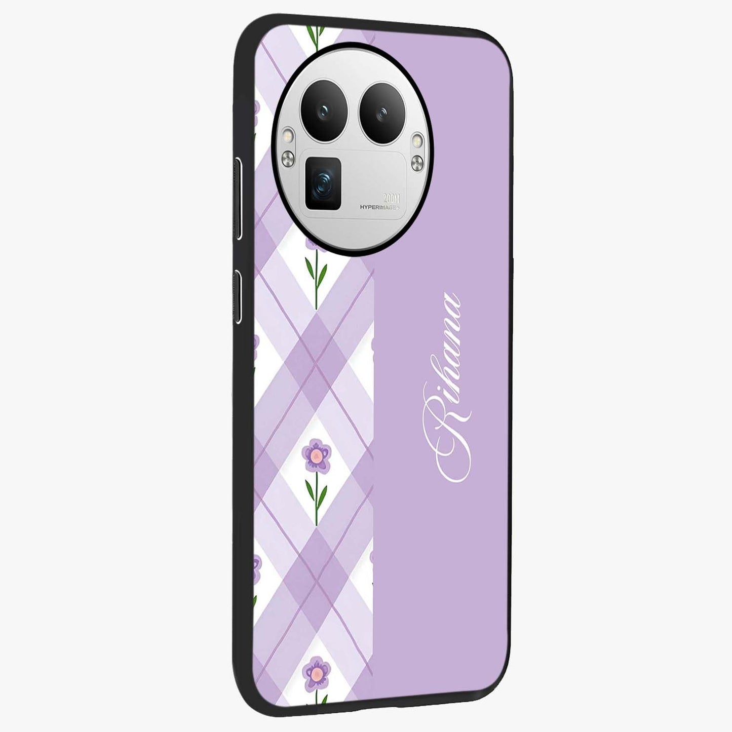 Purple Diamond Floral Glass Case upright view showcasing vibrant floral artwork with stylish geometric theme.