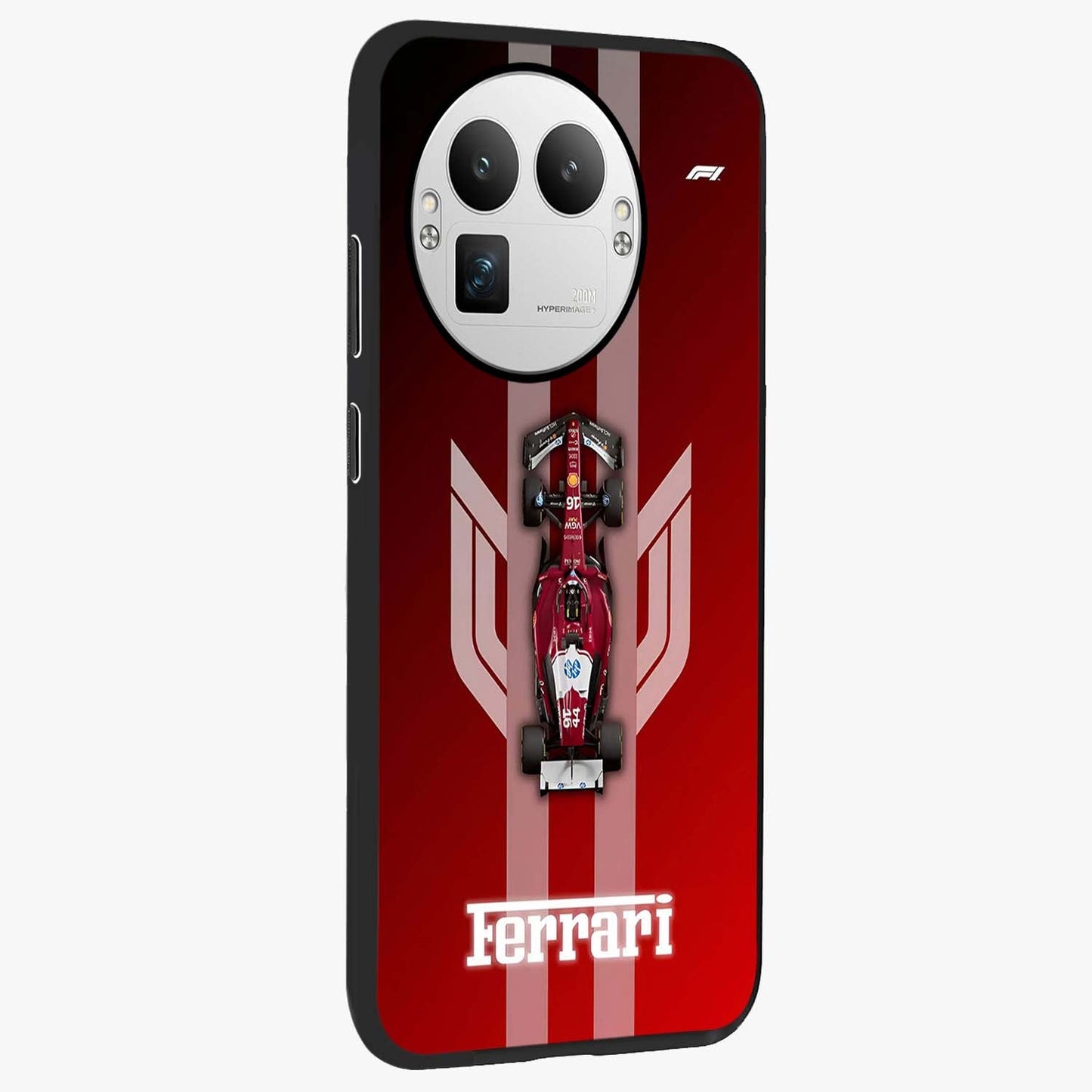 Red Ferrari F1 Vertical Glass Case upright view showcasing powerful Formula car artwork with dynamic motorsport theme.