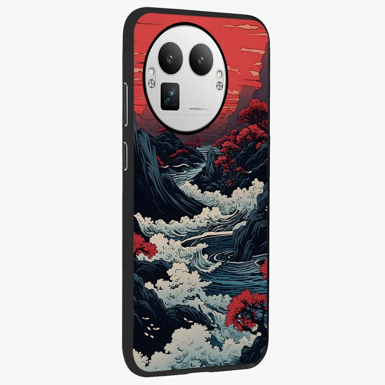Red Sunset Scenery Glass Case upright view showcasing dramatic sunset scenery artwork with warm nature theme.
