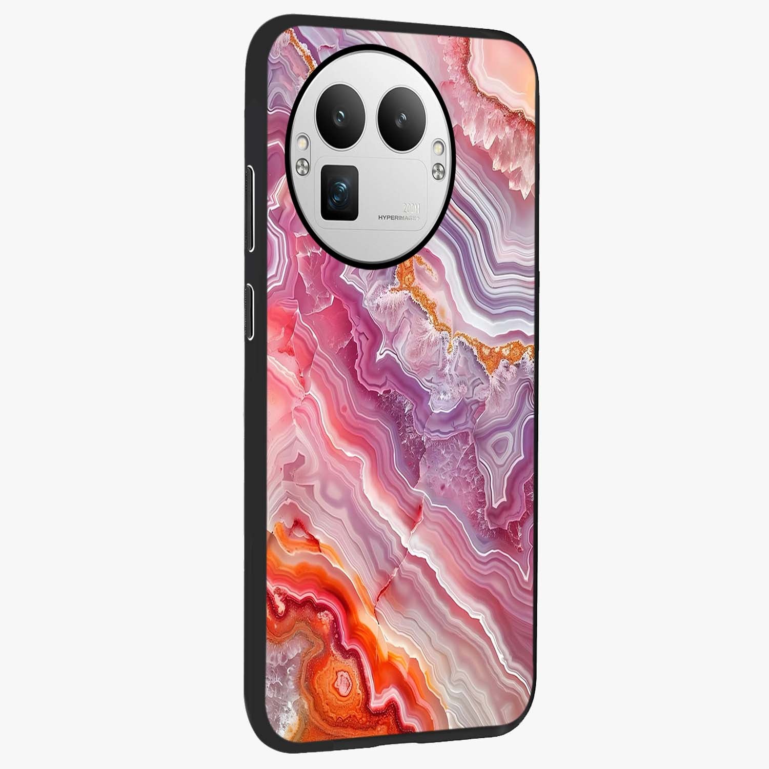 Rose Quartz Marble Glass Case upright view showcasing decorative marble artwork with luxurious pastel theme.