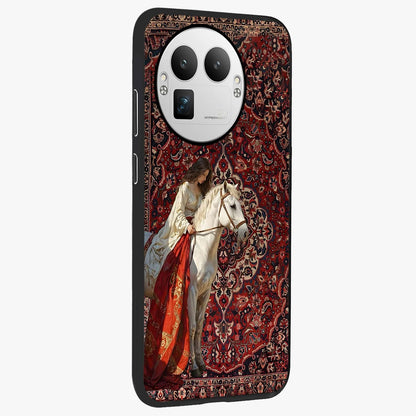 Royal Rider Tapestry Glass Case upright view showcasing detailed rider artwork with classic tapestry theme.