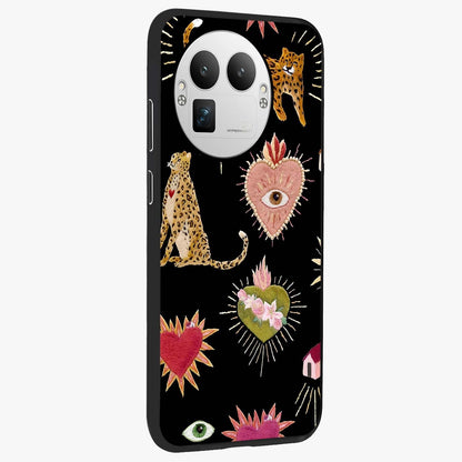 Sacred Jungle Heart Glass Case upright view showcasing vibrant jungle artwork with symbolic heart theme.
