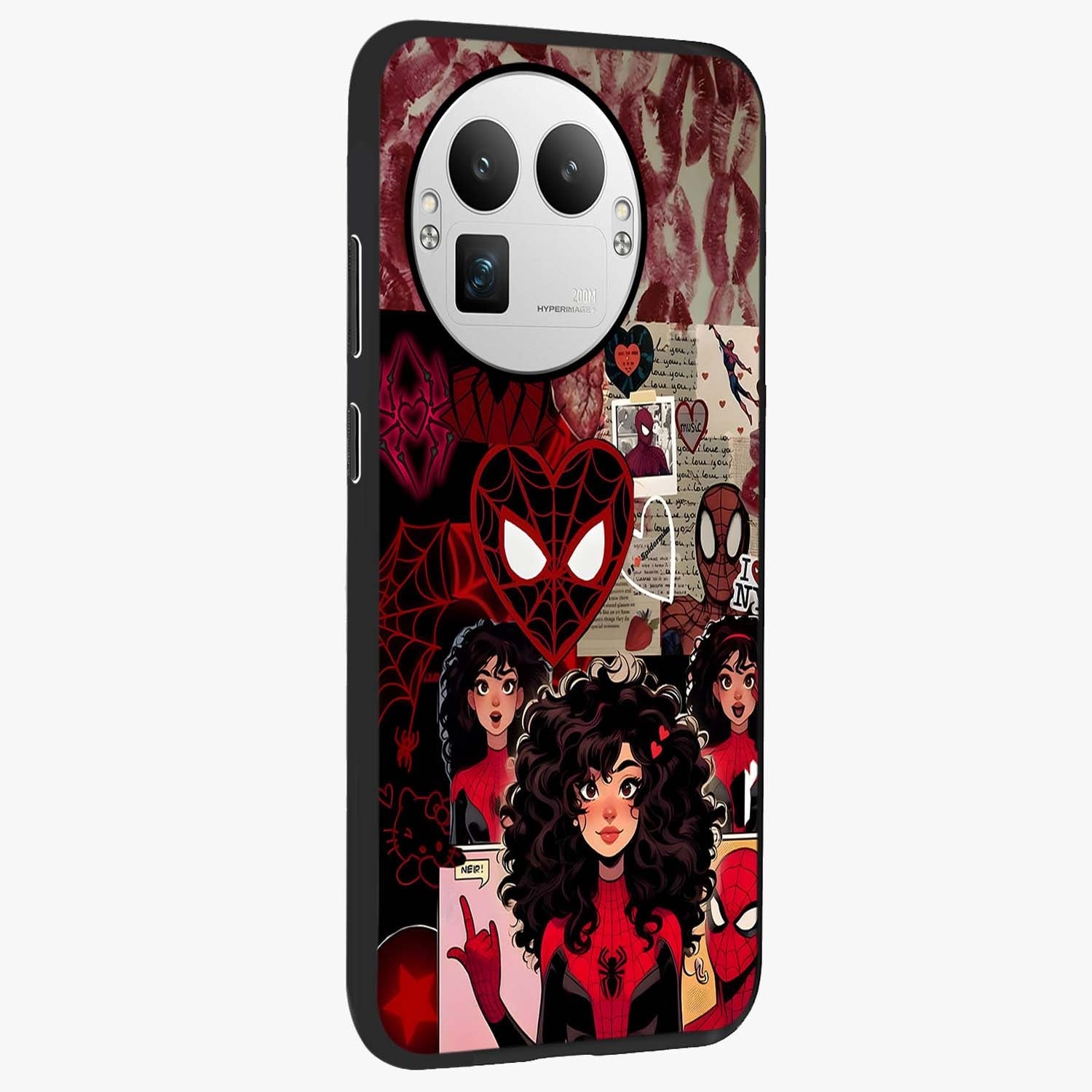 Spider Love Story Glass Case upright view showcasing charming superhero artwork with romantic comic theme.