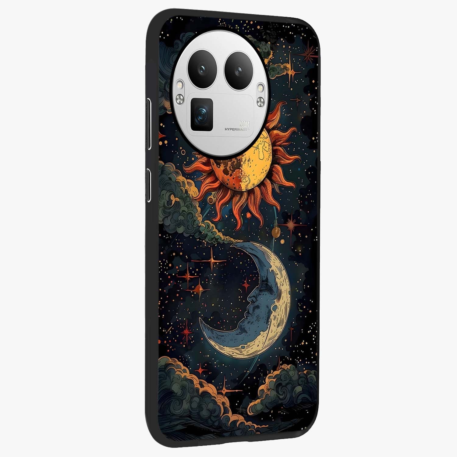Sun And Moon Magic Design Glass Case upright view showcasing decorative sun and moon artwork with spiritual celestial theme.