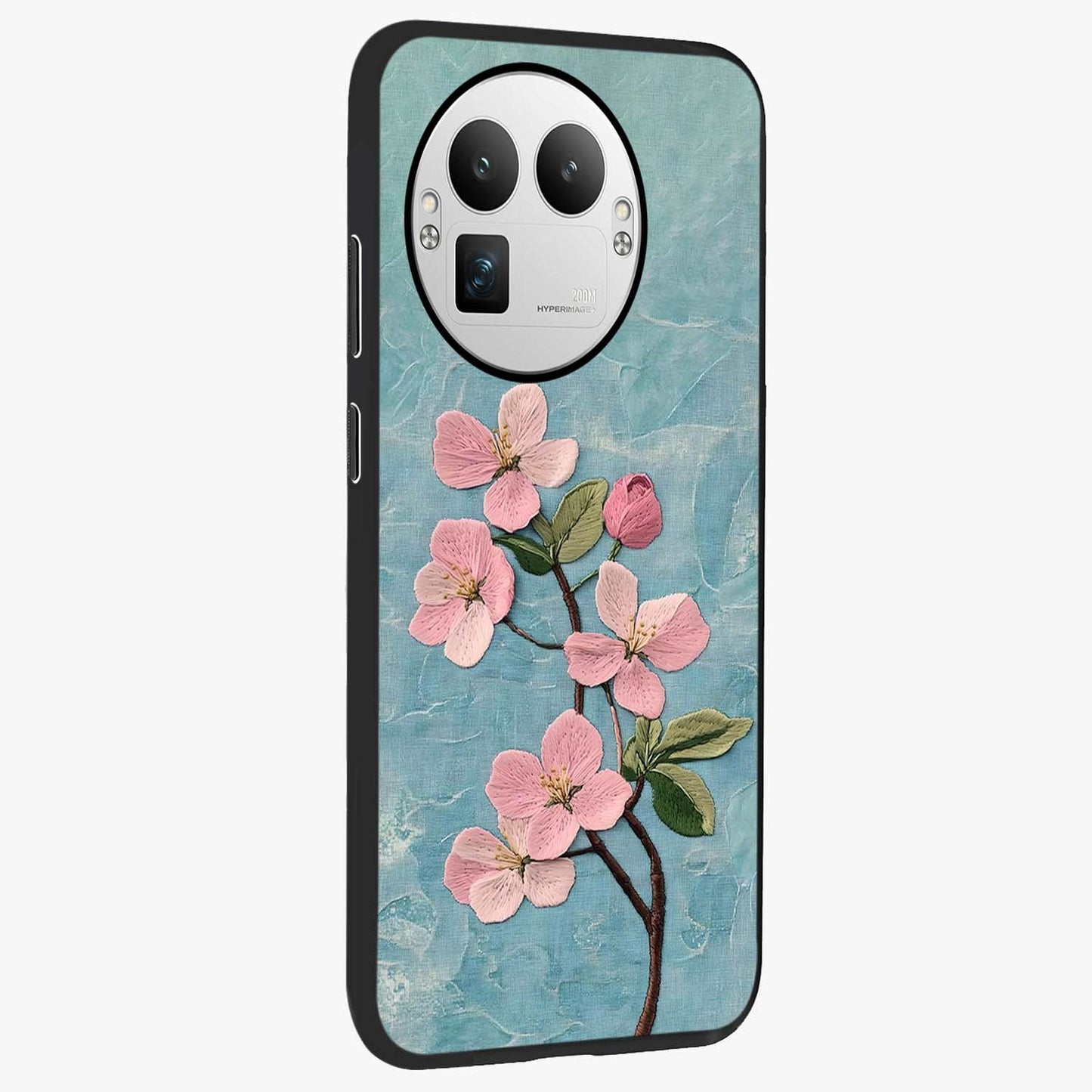 Threaded Blossom Breeze Glass Case upright view showcasing graceful flower artwork with calm botanical theme.
