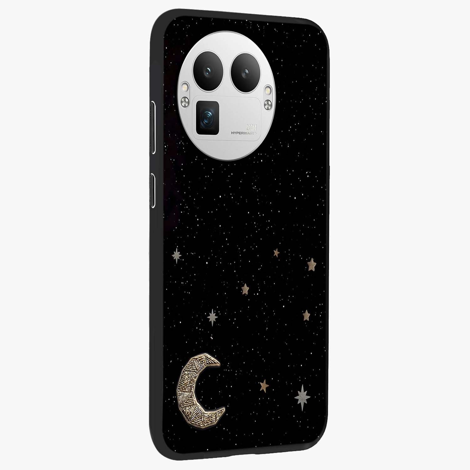 Twinkle Star With Half Moon Glass Case upright view showcasing glowing cosmic artwork with dreamy night theme.