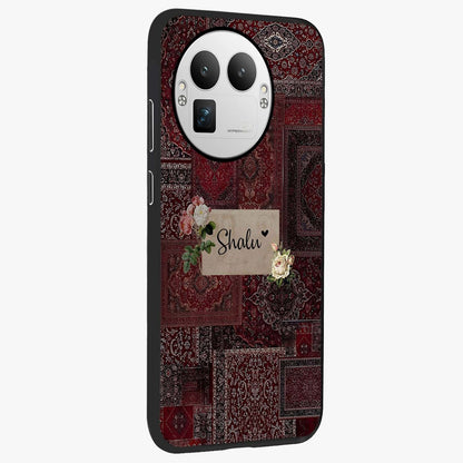 Velvet Wine Pattern Custom Name Glass Case upright view showcasing luxurious wine toned artwork with personalized aesthetic.