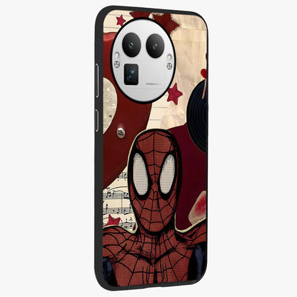 Web Warrior Vibes Glass Case upright view showcasing energetic superhero artwork with bold action theme.