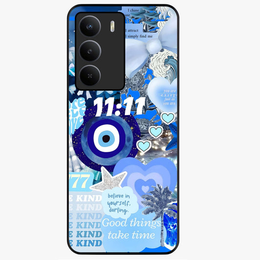 Aesthetic Be Kind Eye Glass Case showing flat back view with motivational eye artwork and glossy glass finish.