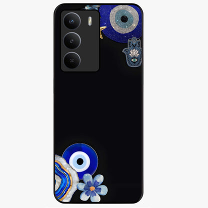 Aesthetic Blue Evil Eye Glass Case showing flat back view with protective evil eye artwork and glossy glass finish.