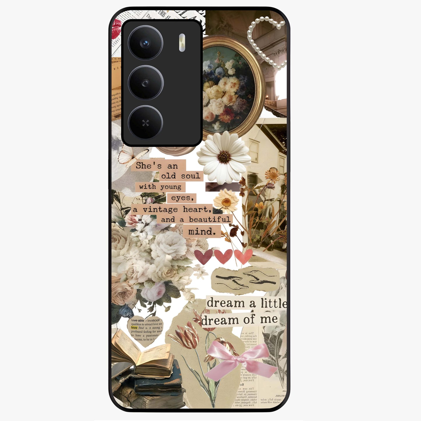 Aesthetic Brown Vintage Collage Glass Case showing flat back view with retro collage artwork and glossy glass finish.