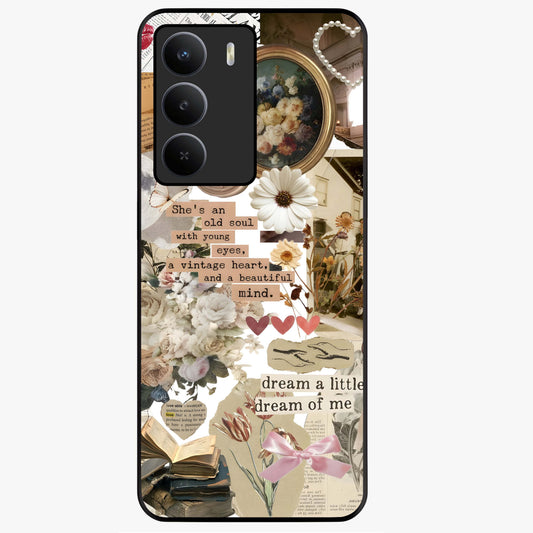 Aesthetic Brown Vintage Collage Glass Case showing flat back view with retro collage artwork and glossy glass finish.