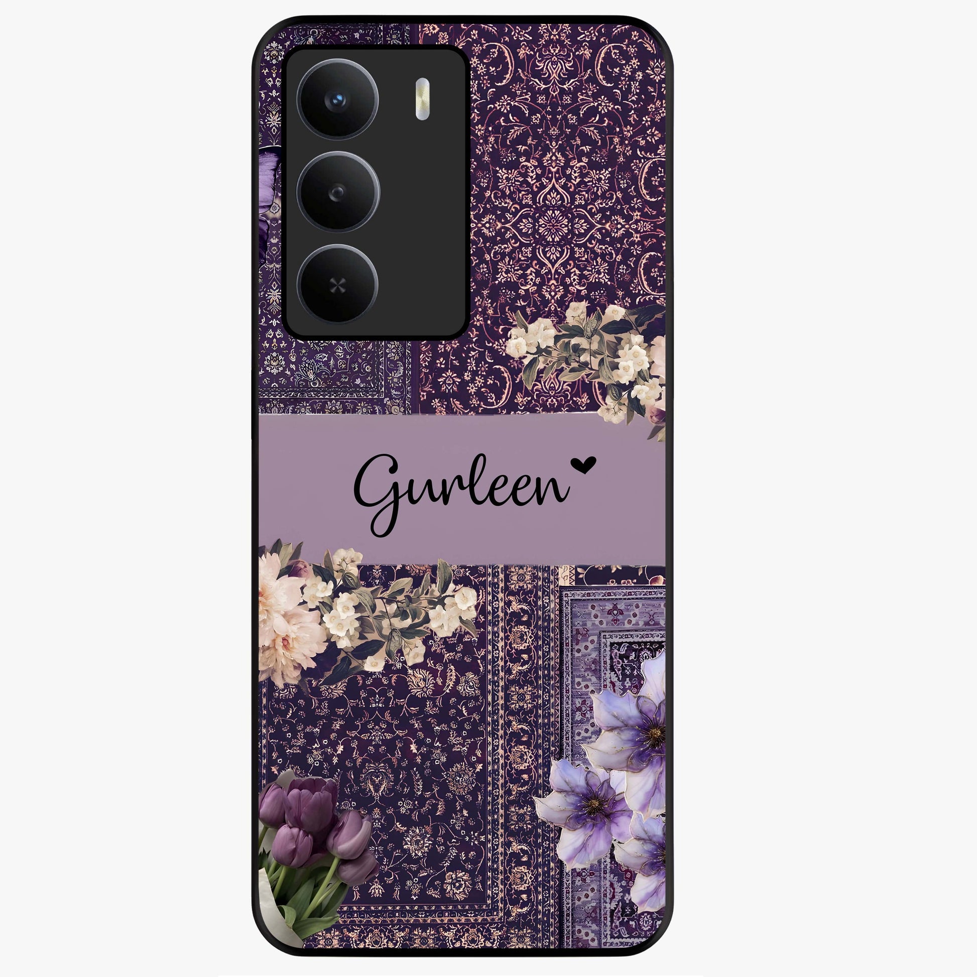 Antique Floral Whisper Custom Name Glass Case showing flat back view with vintage floral artwork and personalized name design.