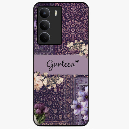 Antique Floral Whisper Custom Name Glass Case showing flat back view with vintage floral artwork and personalized name design.