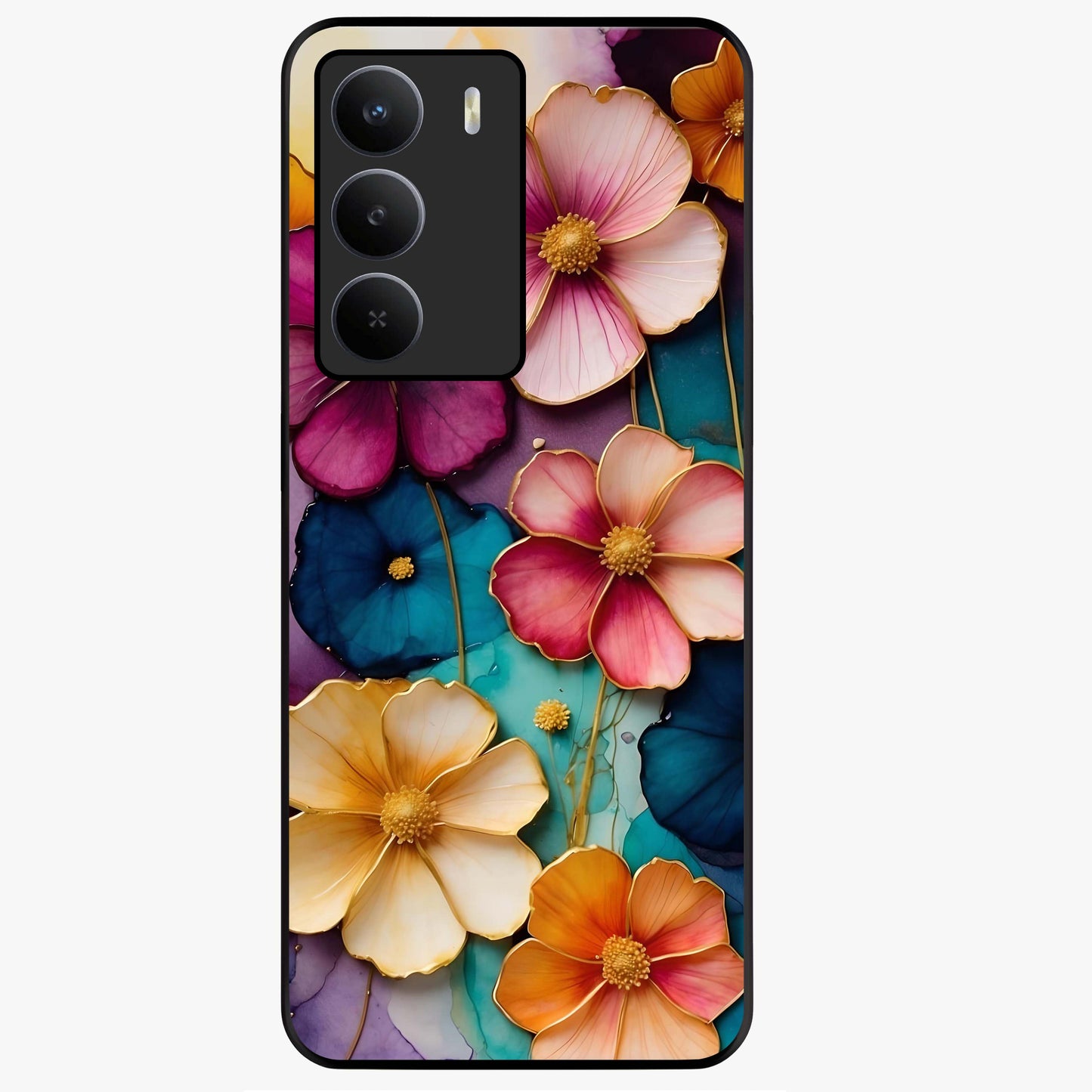 Artlyn Grace Flower Pattern Glass Case showing flat back view with elegant floral pattern artwork and glossy glass finish.