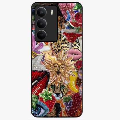 Beaded Fashion Jungle Glass Case showing flat back view with vibrant jungle inspired bead artwork and glossy glass finish.