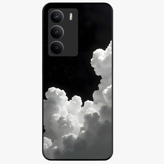Black Background With White Cloud Glass Case showing flat back view with minimal cloud artwork on dark background and glossy glass finish.