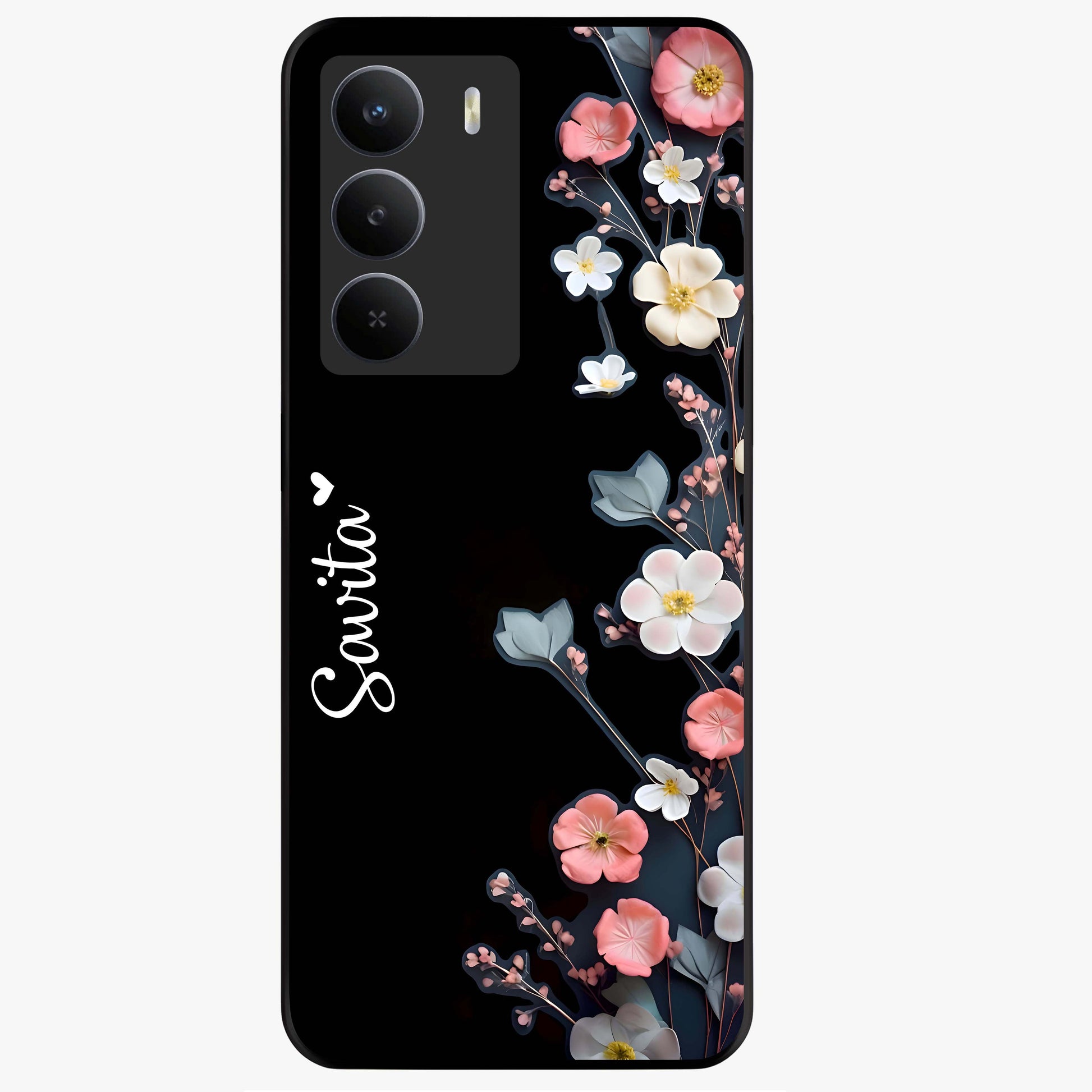 Black Elegance Floral Custom Name Glass Case showing flat back view with elegant floral artwork and personalized name design.