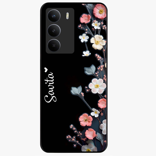 Black Elegance Floral Custom Name Glass Case showing flat back view with elegant floral artwork and personalized name design.