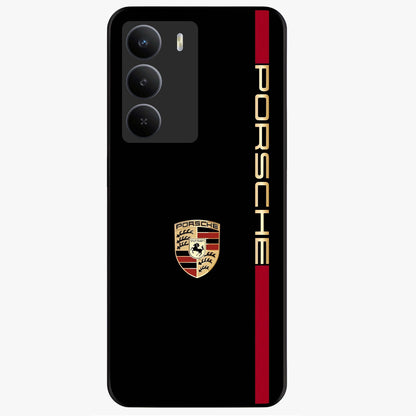 Black Minimal Porsche Glass Case showing flat back view with sleek minimal sports car artwork and glossy glass finish.