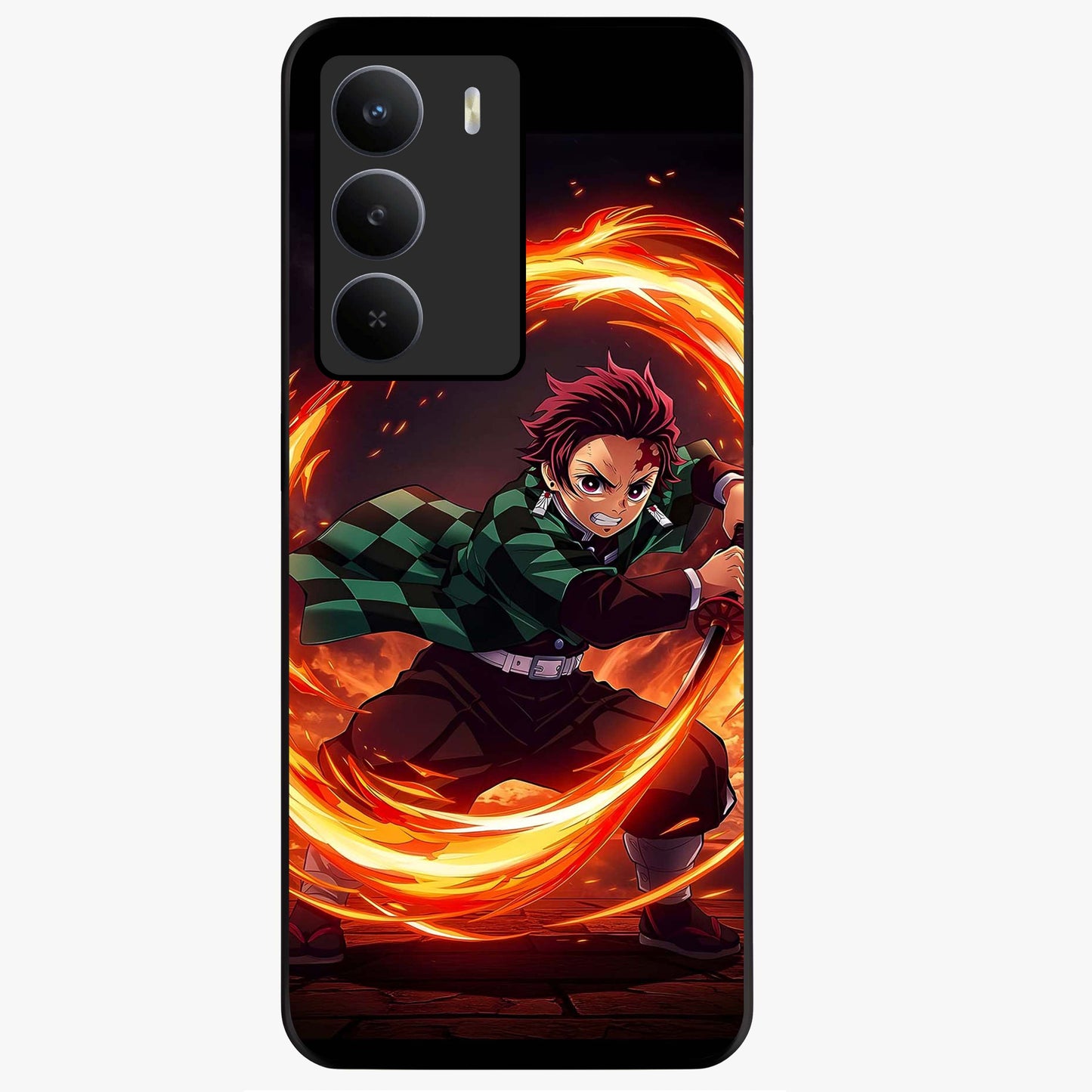 Blazing Sword Resolve Glass Case showing flat back view with fiery sword artwork and glossy glass finish.