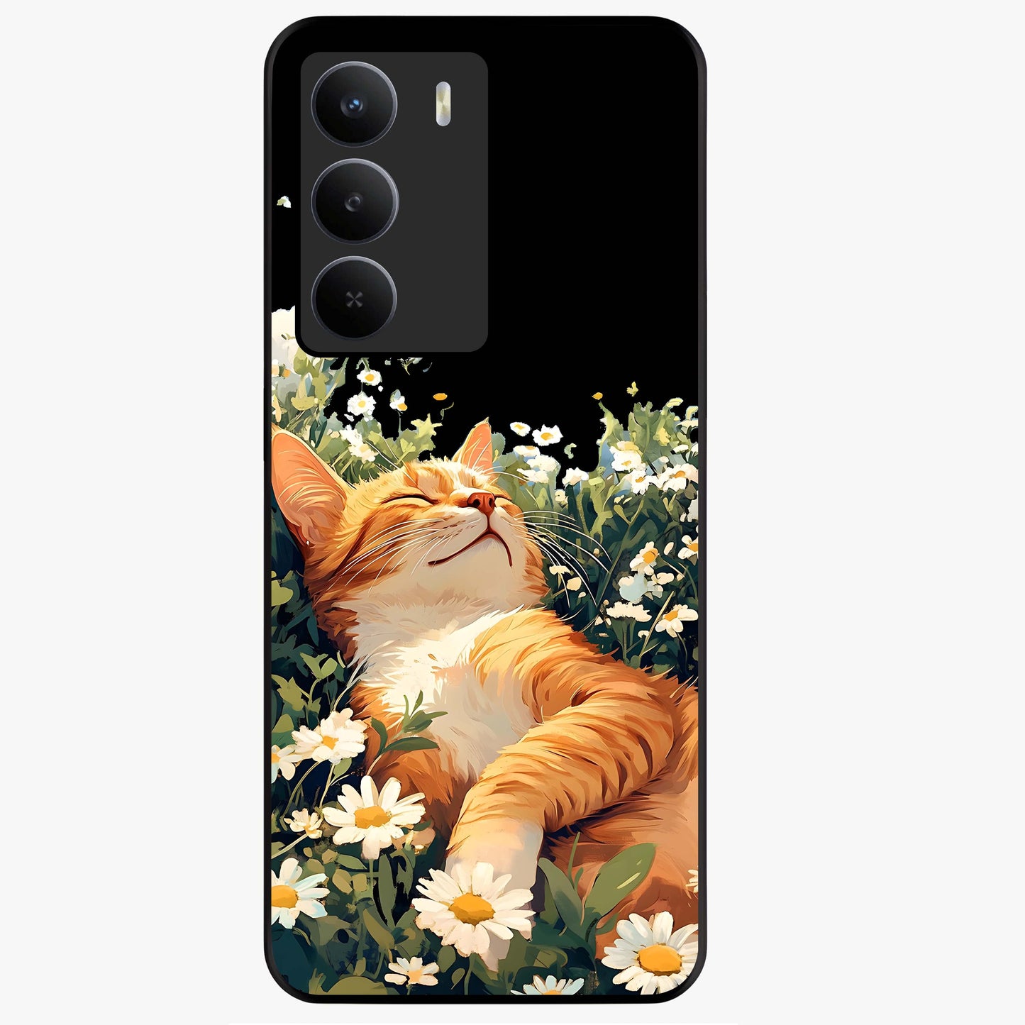 Blissful Bloom Cat Glass Case showing flat back view with cute cat and floral bloom artwork and glossy glass finish.