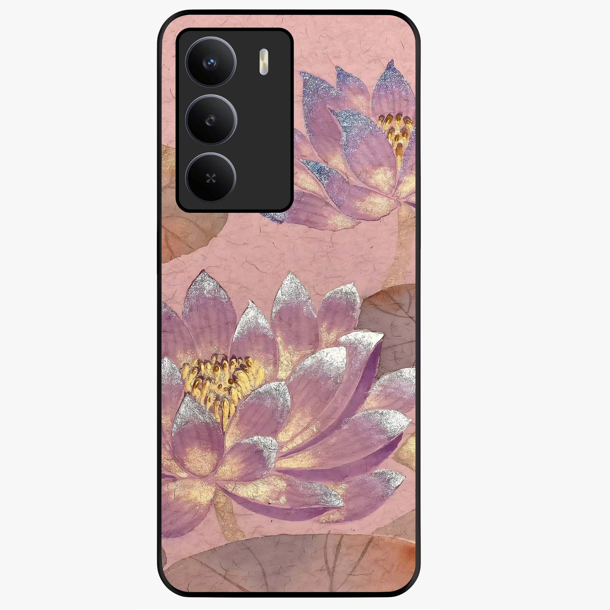 Blossom Mist Lotus Glass Case showing flat back view with serene lotus blossom artwork and glossy glass finish.
