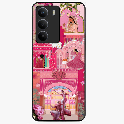 Blossoms of Rajasthan Glass Case showing flat back view with traditional floral artwork inspired by Rajasthan and glossy glass finish.