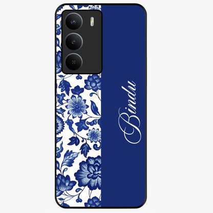 Blue Vintage Floral Pattern Glass Case upright view showcasing timeless floral illustration with vintage inspired style.