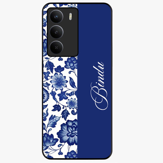 Blue Vintage Floral Pattern Glass Case upright view showcasing timeless floral illustration with vintage inspired style.