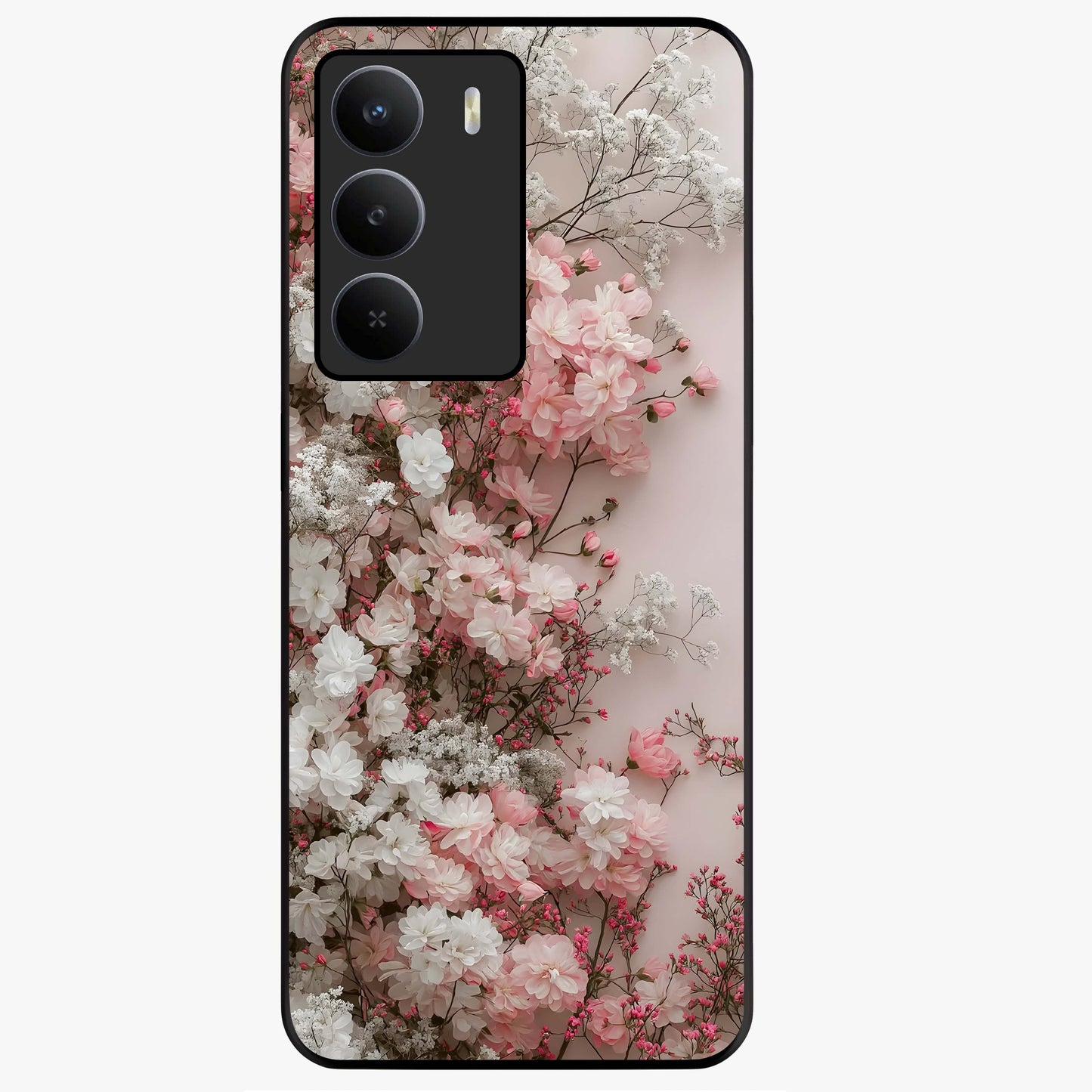 Blush Blossom Cloud Glass Case showing flat back view with dreamy blush cloud blossom artwork and glossy glass finish.