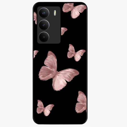 Butterfly Pattern Glass Case showing flat back view with elegant butterfly pattern artwork and glossy glass finish.