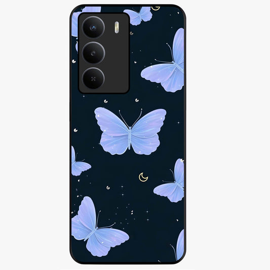 Butterfly With Stars Pattern Glass Case showing flat back view with butterfly and star pattern artwork and glossy glass finish.