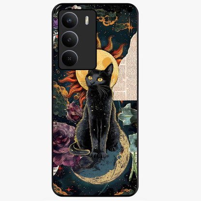 Celestial Black Cat Glass Case showing flat back view with mystical black cat artwork and glossy glass finish.