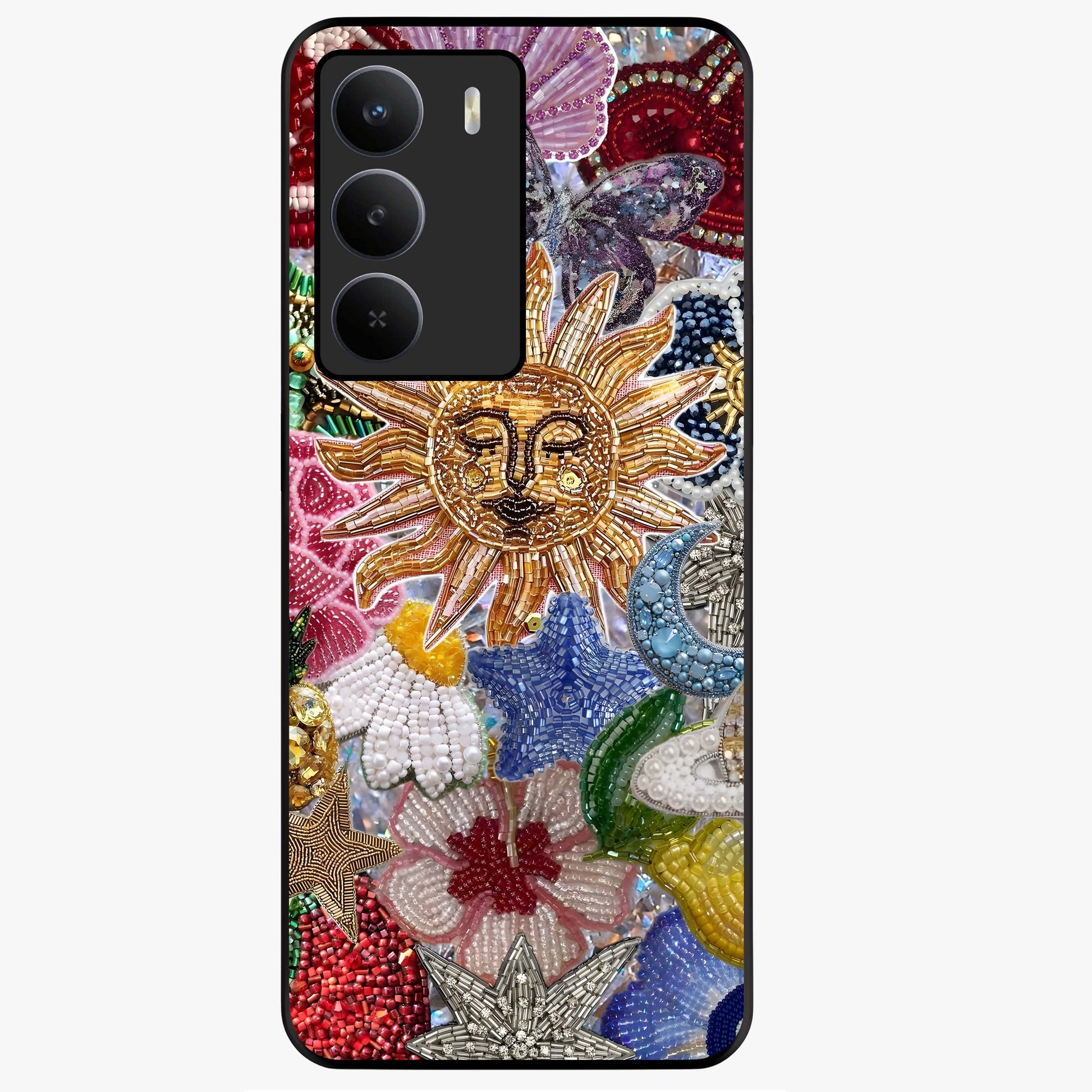 Celestial Floral and Playful Glass Case showing flat back view with floral and celestial themed artwork and glossy glass finish.